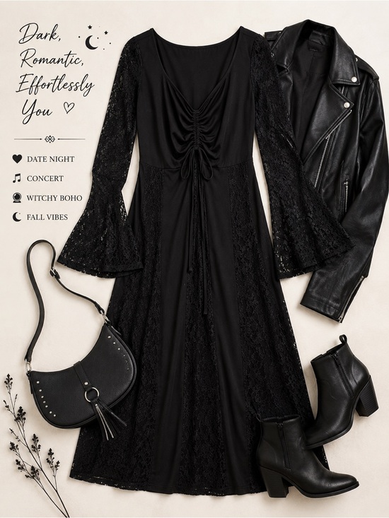 Cider Dresses & Skirts - Goth Boho Romantic Dress Black Lace Bell Sleeve Ruched Midi NWT SZ 1X